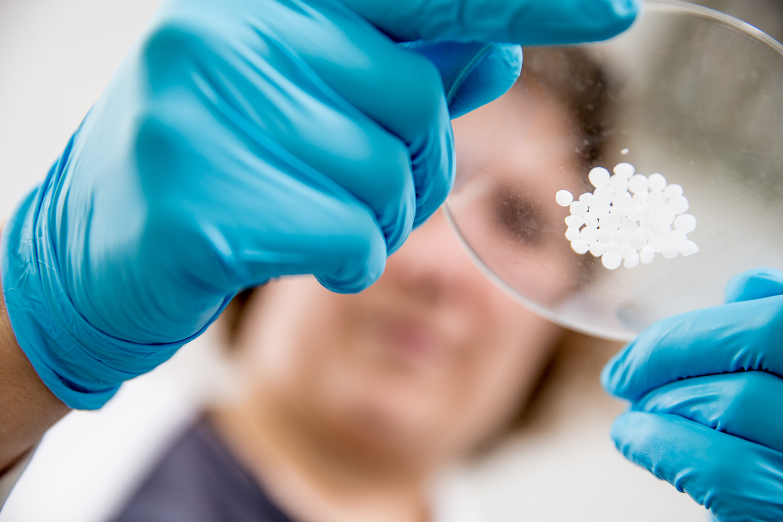 Person with blue gloves holding a glass plate with little white pills